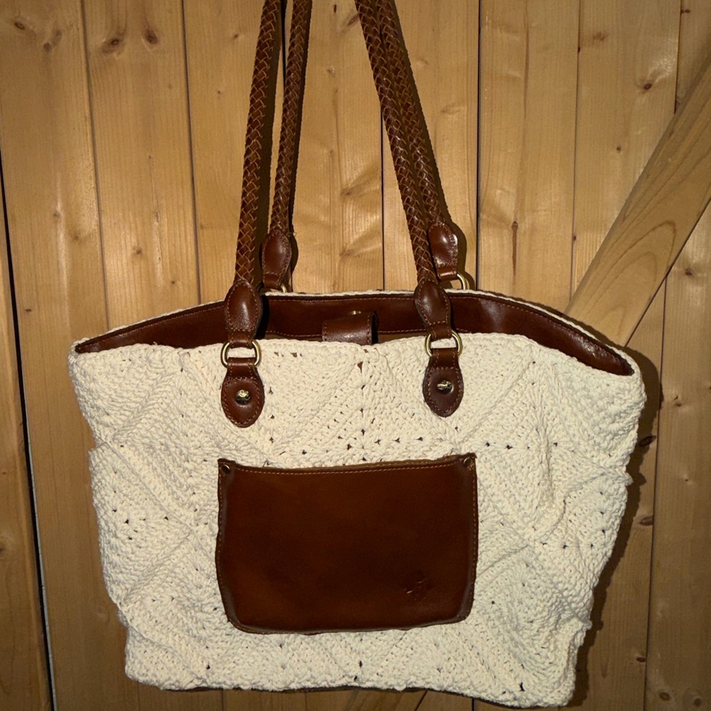 Patricia Nash Cream Knit and Brown Leather Tote